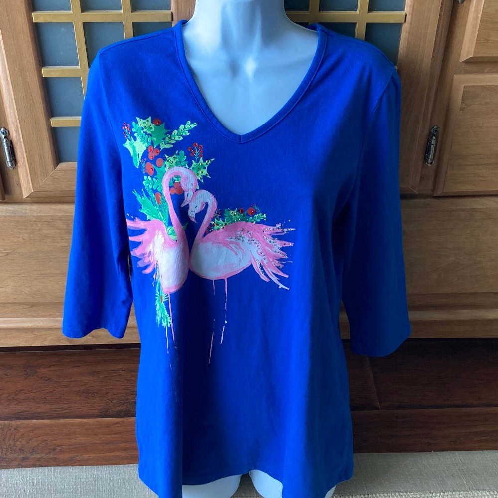 Coral Bay Holiday Royal Blue Top with Pink Flamingos Large - Picture 1 of 6